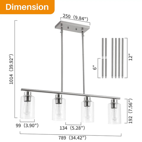 Dimensions of Farmhouse Industrial 4 Light Pendant Lighting for Kitchen Island and Dining Room with Clear Glass Shade.