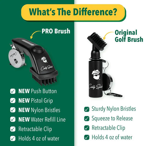 Comparison of PRO Brush and Original Golf Brush with Water Powered Golf Club Brush Cleaner With Heavy Duty Retractable Clip Squeeze Bottle For Easy Cleaning Nylon Bristles Holds Four Oz Wide Head Clubhead Scrubber For Men Golf Gifts And Accessories features.