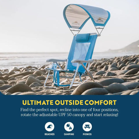 SunShade Backpack Beach Chair with Adjustable Canopy on a rocky beach