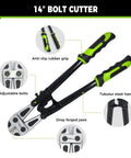 14 inch heavy duty bolt cutter with CRV blade, anti-slip rubber grip, tubular steel handle, adjustable bolts, drop forged jaws.