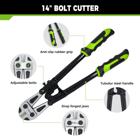 14 inch heavy duty bolt cutter with CRV blade, anti-slip rubber grip, tubular steel handle, adjustable bolts, drop forged jaws.