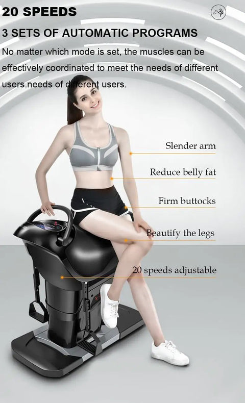 Black Electric Horse Riding Simulator For Home Gym, 20 Speed Adjustable with woman sitting on ergonomic PU leather saddle