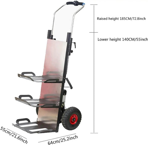 Heavy Duty Electric Stair Climber Cart With Removable Battery Powers Through Heavy Loads Like Copiers And Kegs To Save Time And Backs During Industrial Work, shown at raised height 185CM.