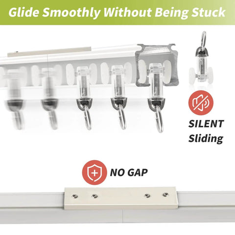 Close-up of the Heavy Duty Aluminum Ceiling Curtain Track System, 3 Pack of 3 Ft Rails, showing hooks and smooth sliding design.