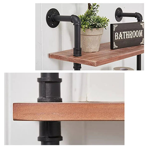 Hella Durable Industrial Pipe Wall Shelf Heavy Duty Two Tier Floating Bookshelf showcasing wood shelf with black piping and a plant.