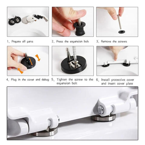 Universal Toilet Seat Quick Release Hinge Fittings Pair Stainless Steel Top Mount Nuts assembly steps for installation process.