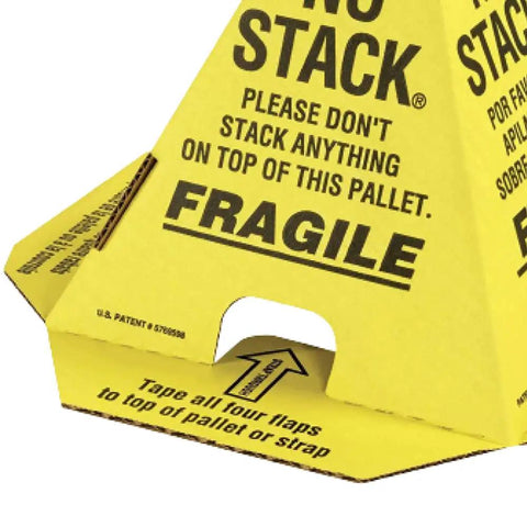 Close-up of yellow cardboard cone with 'No Stack Pallet Cones Bundle For Safe Shipping And Handling Alerts Grab And Go Lightweight' text.