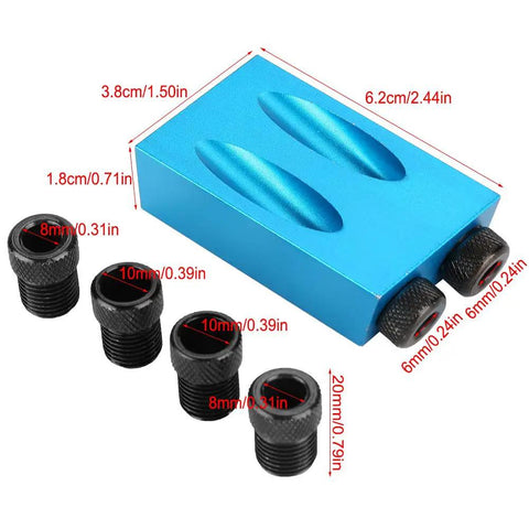 Pocket Hole Jig Kit For Woodworking With 15 Degree Oblique Hole Locator, aluminum alloy body, 6/8/10mm drill bits shown