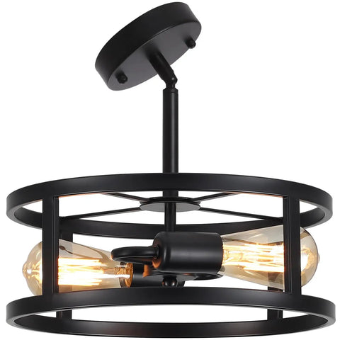 Industrial Black Semi Flush Mount Ceiling Light With Adjustable Height And Two Light Fixtures in black metal frame