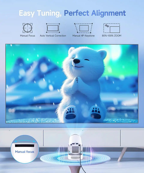 Ultra Bright Mini Projector With WiFi 6 And Bluetooth 5.4 Portable 4K Ready Movie Night Buddy projecting image of polar bear