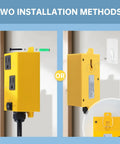Yellow Ortis automatic vacuum switch, two installation views showing front outlets and side wall-mount.