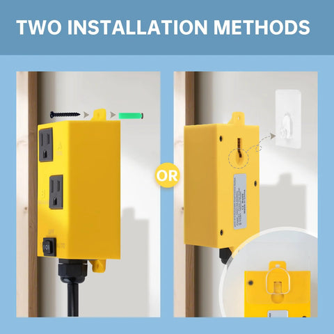 Yellow Ortis automatic vacuum switch, two installation views showing front outlets and side wall-mount.