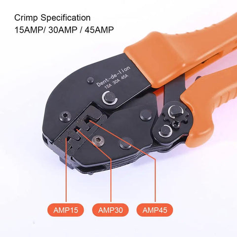 Ratcheting Crimping Tool Kit For 15A 30A 45A Connectors with labeled crimping slots for AMP15, AMP30, AMP45.