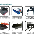 All-Purpose Backhoe Loader With Front Loader And Backhoe Attachments For Easy Digging And Fast Loading LED Lights Workhorse Industrial Loader Built For Farm Work Demolition And Tough Job Site Projects loading attachments including four-in-one bucket, snow mover, lit. grab grass and trees, green storage reclaimer, snow pusher, pallet fork.