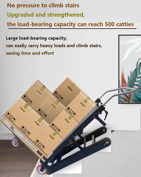 Heavy Duty Electric Stair Climber Hand Truck With Brushless Motor And Crawler Wheels For Moving Furniture Safely Up Or Down Steps No Assembly Needed At All carrying stacked boxes on stairs.