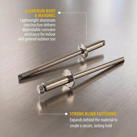 Top Shelf Aluminum Blind Pop Rivets Heavy Duty Fastener Pack shows aluminum body and mandrel for secure fastening.
