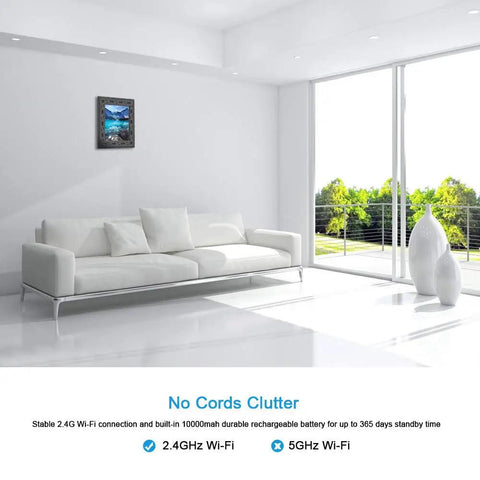 Hidden WiFi Spy Camera Photo Frame 1080P With Night Vision And Motion Detection Real Time Alerts To Your Smartphone Remote Viewing From Anywhere Ultra Stealth Nanny Cam For Home Or Office displayed in a modern living room.