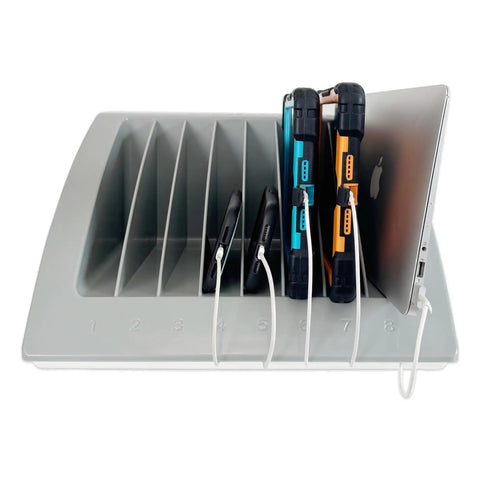 Dope Heavy Duty Six Pack Laptop And Tablet Charging Station With Versatile Desktop Organizer Rack For Up To 15 6 Inch Chromebook MacBook Surface Pro Tech Rig, showcasing charging tablets and laptops in gray rack.