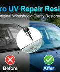 Before and after photo of car windshield repair using All In One Windshield Repair Kit For Chips And Cracks, showing crack fix.