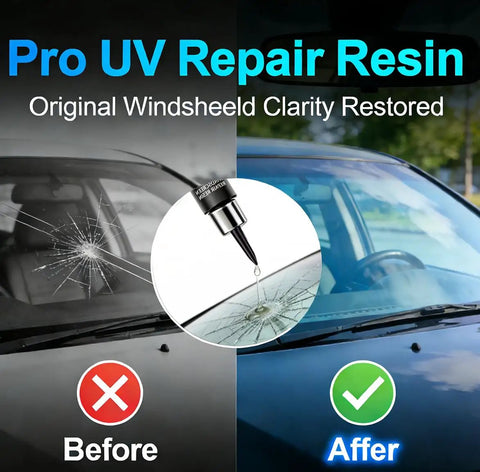 Before and after photo of car windshield repair using All In One Windshield Repair Kit For Chips And Cracks, showing crack fix.