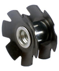 Black steel star nut from pack of 5 for 1-1/8 inch forks, used in mountain and road bikes to keep headset tight and solid