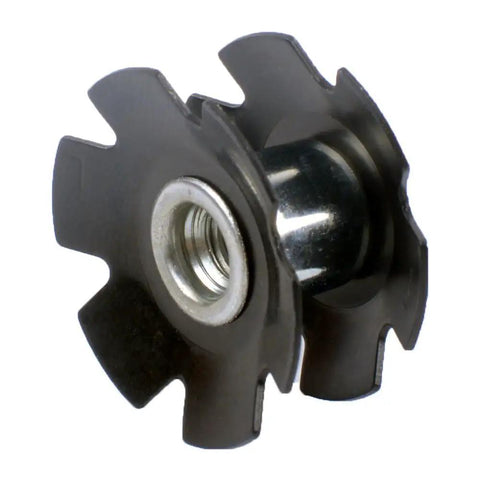 Black steel star nut from pack of 5 for 1-1/8 inch forks, used in mountain and road bikes to keep headset tight and solid