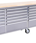 96 Inch Rolling Tool Chest With 24 Drawers For Serious DIYers And Pro Shops, Solid Rubber Wood Workbench Top, Silver Cabinet