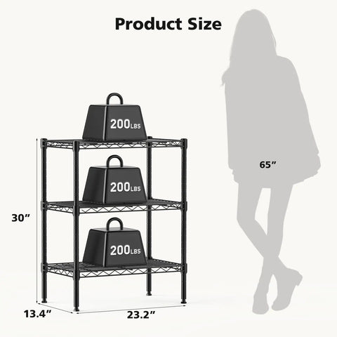 Three-Tier Metal Wire Storage Shelves For Kitchen Garage And Pantry, Adjustable Standing Rack with dimensions, Black
