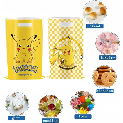 30 Pack Cartoon Theme Party Gift Bags With Easy Carry Top Handles, featuring Pikachu design, 10 Inch by 7 Inch, suitable for kids parties.