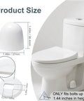 Four Pack Toilet Bolt Caps Set 1.44 Inch High Plastic Screw Covers With Extra Washers Easy Snap On Installation shown on toilet