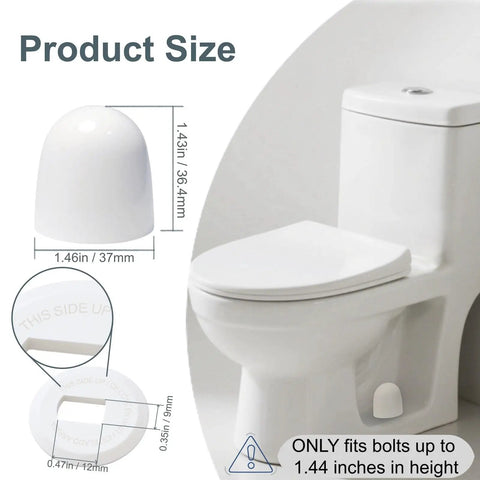 Four Pack Toilet Bolt Caps Set 1.44 Inch High Plastic Screw Covers With Extra Washers Easy Snap On Installation shown on toilet