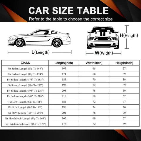 Car size table for selecting All Weather Universal Car Cover Waterproof Outdoor Shield For Sedans That Fits Like A Glove On Ford Mustang