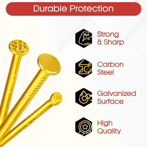 Heavy Duty Assorted Galvanized Steel Nails Kit Including Seven Hundred Gold Pieces With Solid High Carbon Build And Multi Size Finishing Options Perfect For Easy Picture Hanging And No Fuss Handiwork That Delivers A Top Shelf Setup Every Time showing golden nails with strong heads and galvanized surface.