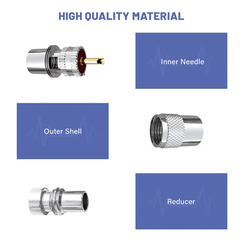 Components of the PL259 Coax Connector UHF Male Solder Plug With Reducer For RG8 RG59 RG8x LMR400 RG213 Coax Cable shown