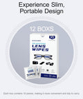 Lens wipe set: 12 boxes of individually wrapped, pre-moistened wipes for glasses, camera lenses, and screens.