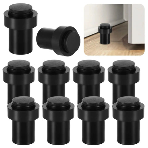 Set Of 10 Floor And Wall Mounted Door Stops With Rubber Bumpers, Cylindrical Stainless Steel Door Holders shown in black finish