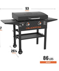 28 Inch Griddle With Protective Hood And Counter Height Side Shelves In Powder Coated Steel For Outdoor Grilling, 524 Square Inches Of Cooking Space, Perfect For Feeding A Crowd showing dimensions and weight.