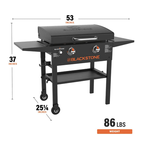 28 Inch Griddle With Protective Hood And Counter Height Side Shelves In Powder Coated Steel For Outdoor Grilling, 524 Square Inches Of Cooking Space, Perfect For Feeding A Crowd showing dimensions and weight.