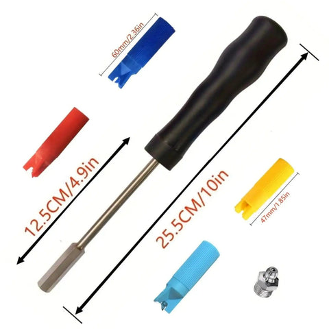 Grease Zerk Cleaner Kit For Grease Fittings With Four Color Cleaners And One Zerk Fitting A Real Game Changer, shown with measurements.