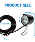 Electric Bike Front Light For Ebikes, 6V To 60V DC Compatible, 30 Lux Brightness, Two Pin Connector, 1.5 Meter Cable dimensions shown