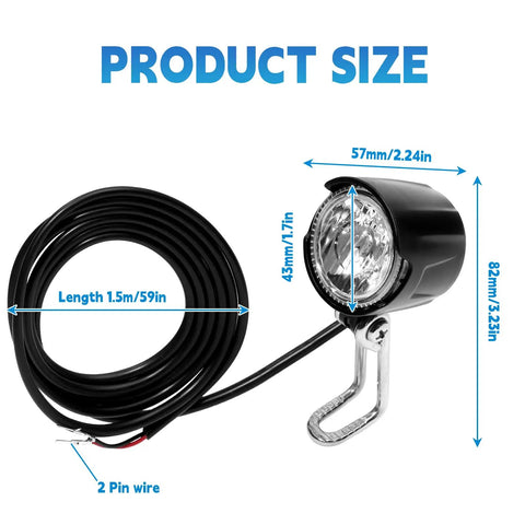 Electric Bike Front Light For Ebikes, 6V To 60V DC Compatible, 30 Lux Brightness, Two Pin Connector, 1.5 Meter Cable dimensions shown
