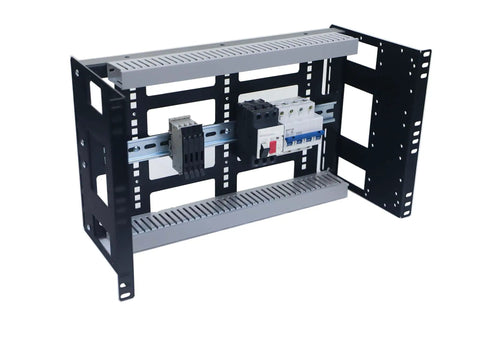 6U Rackmount DIN Rail Control Panel Enclosure with 8 Inch Depth, Heavy Duty 14 Gauge Steel, Removable DIN Rails and PVC Wire Ducts