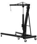 Heavy Duty 2 Ton Folding Engine Hoist Featuring Six Universal Caster Wheels with hydraulic lift on a sturdy steel frame.