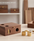 Hidden Barrel Hinge With Gold Finish Zinc Alloy Hardware for jewelry boxes, showing concealed mount and elegant design on table