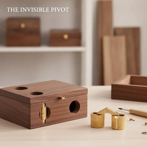 Hidden Barrel Hinge With Gold Finish Zinc Alloy Hardware for jewelry boxes, showing concealed mount and elegant design on table