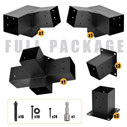 Heavy Duty Pergola Bracket Set With 15 Degree 3-Way Slanted Roof, Wall Mount Extension 4x4 Inches, weatherproof metal components