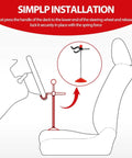Illustration of adjustable steering wheel holder installation with lock and centering aid in car seat.