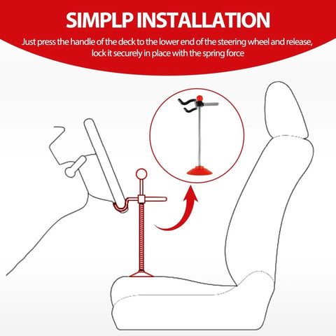 Illustration of adjustable steering wheel holder installation with lock and centering aid in car seat.