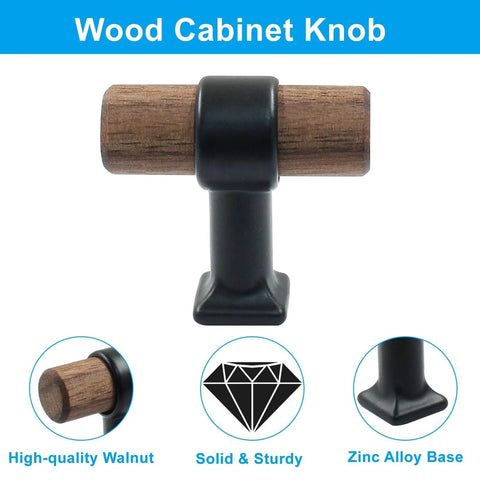 Front view of Walnut Cabinet Pulls 4 Pack T Bar Knob Handles with Screws, showing walnut wood and zinc alloy base material.