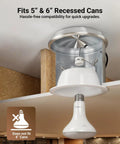 Installation example of 12 Pack BR30 LED Flood Light Bulbs For Recessed Can Lighting, showing fit for 5 or 6-inch cans